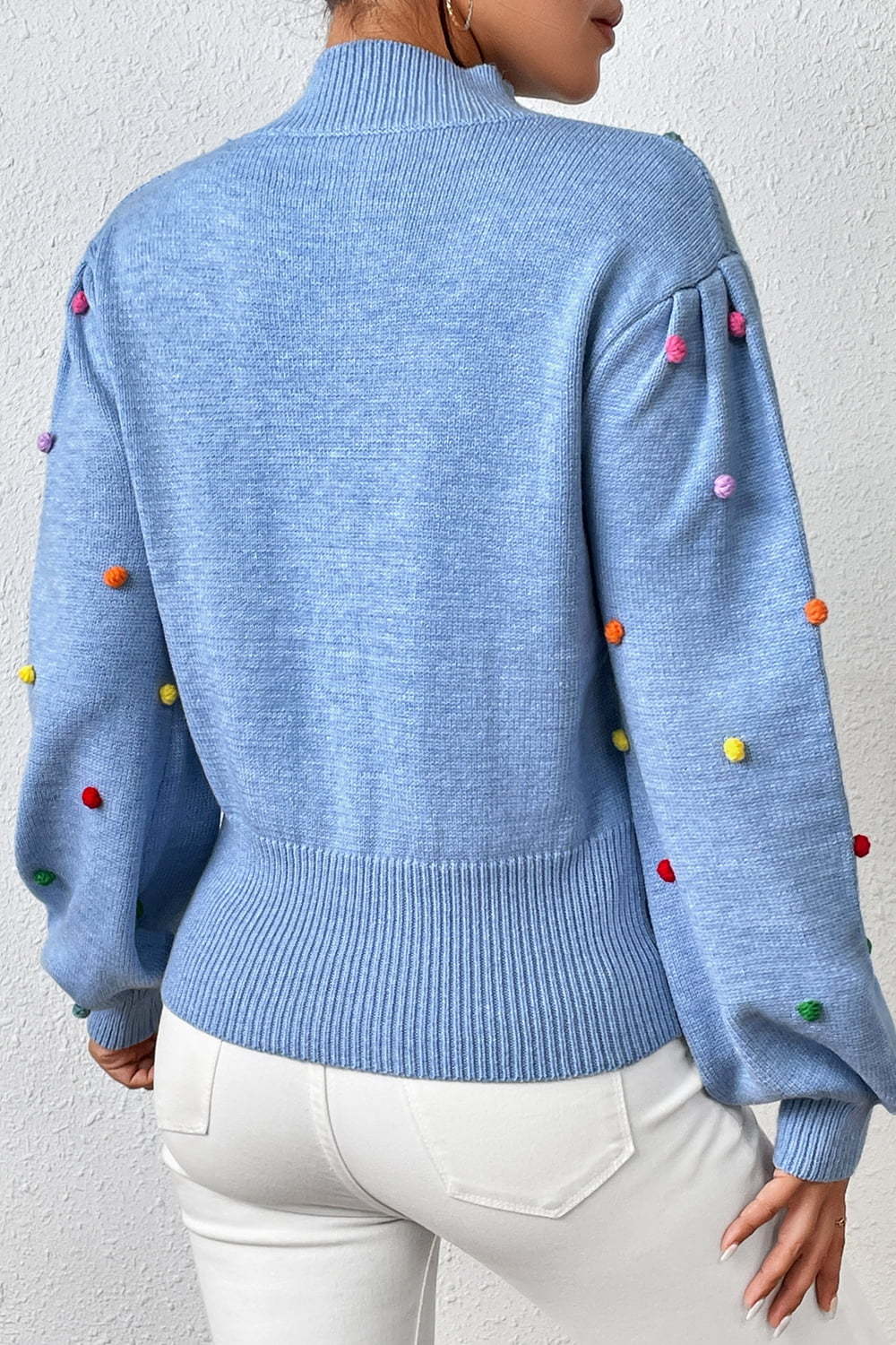 pom-pom trim mock neck long sleeve pullover sweater