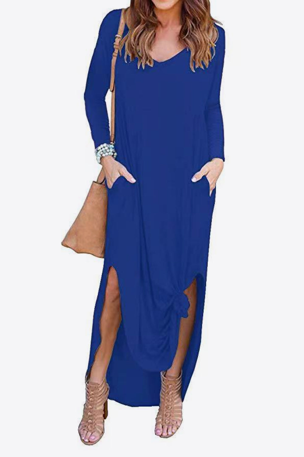 split long sleeve v-neck maxi dress