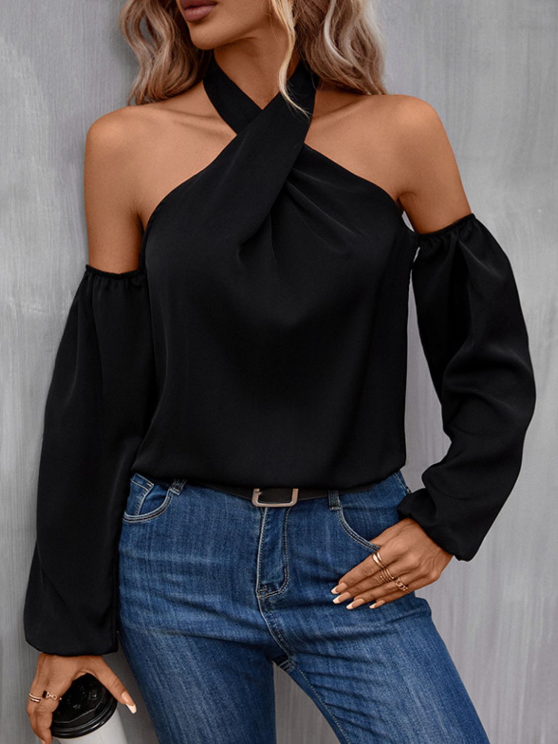 grecian cold shoulder long sleeve blouse