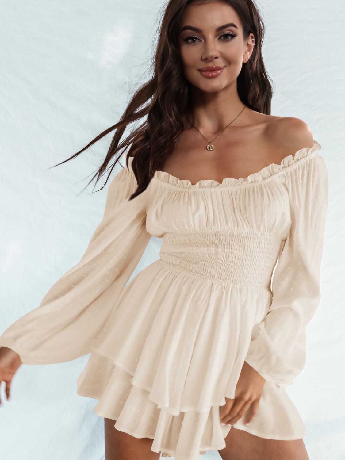 off shoulder smocked waist romper