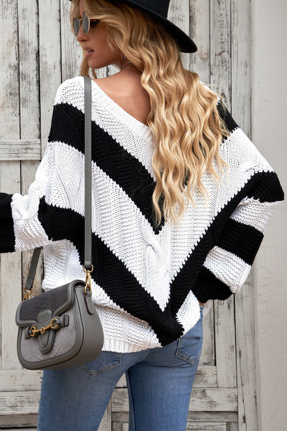 woven right chevron cable-knit v-neck tunic sweater