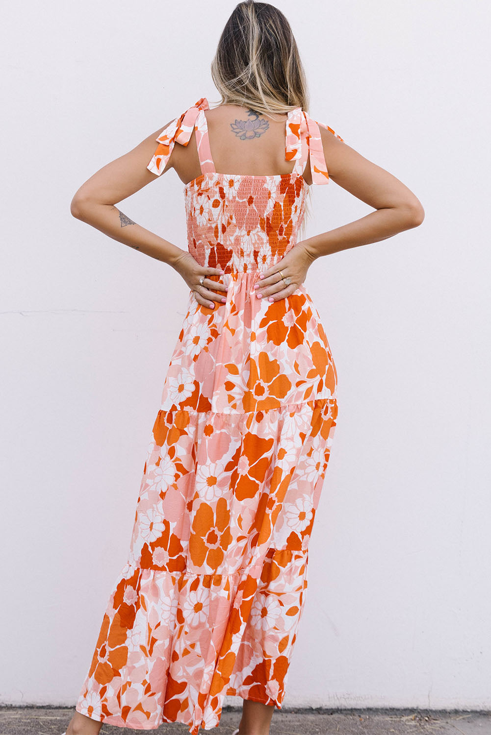 floral tie-shoulder smocked maxi dress