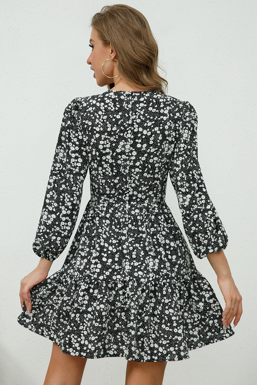 printed plunge neck flounce sleeve mini dress