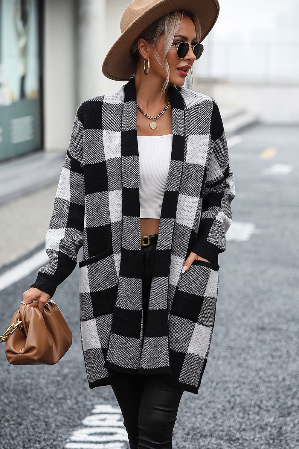 plaid dropped shoulder cardigan with pocket