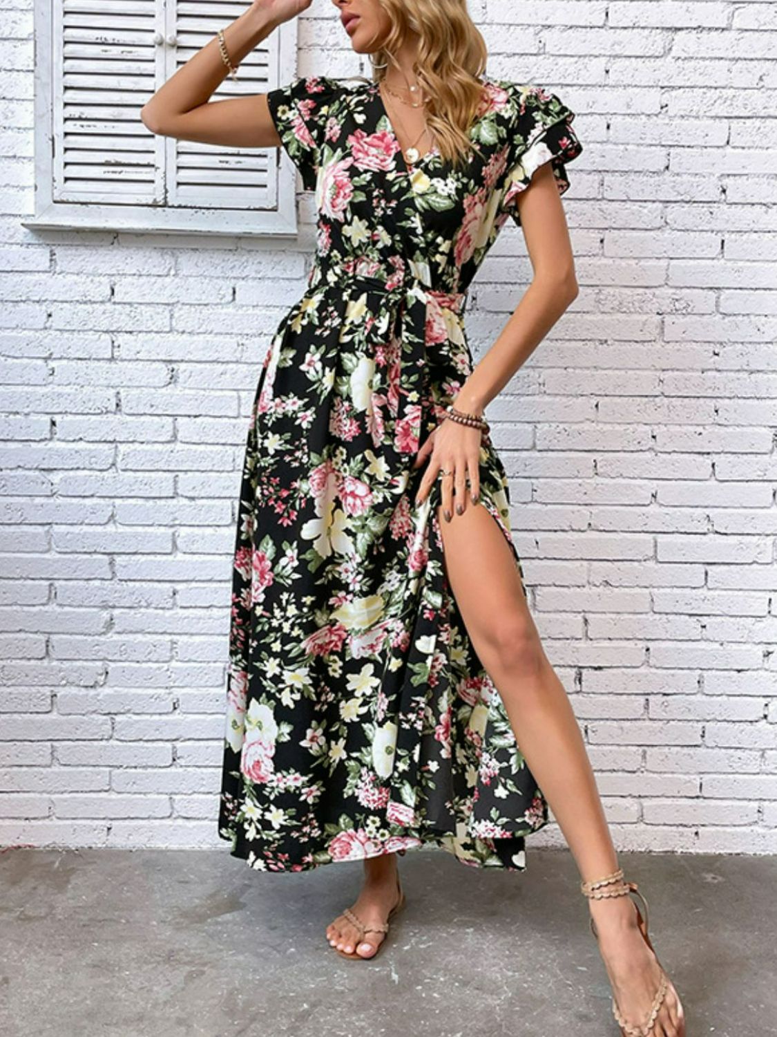 floral flutter sleeve tie-waist split dress
