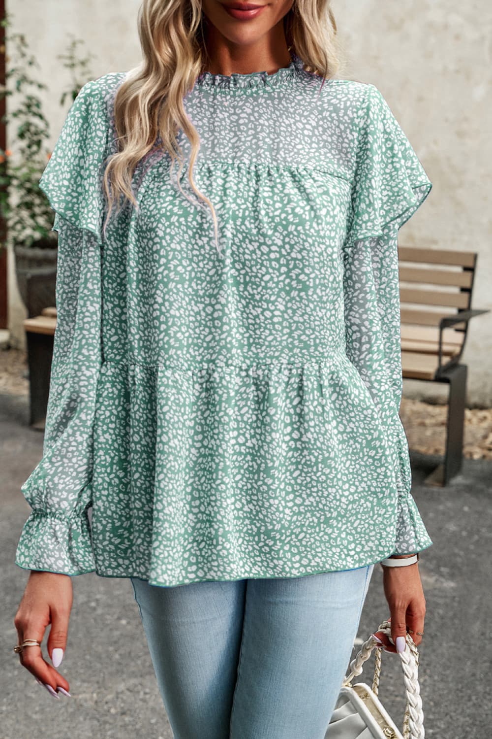 printed round neck flounce sleeve blouse