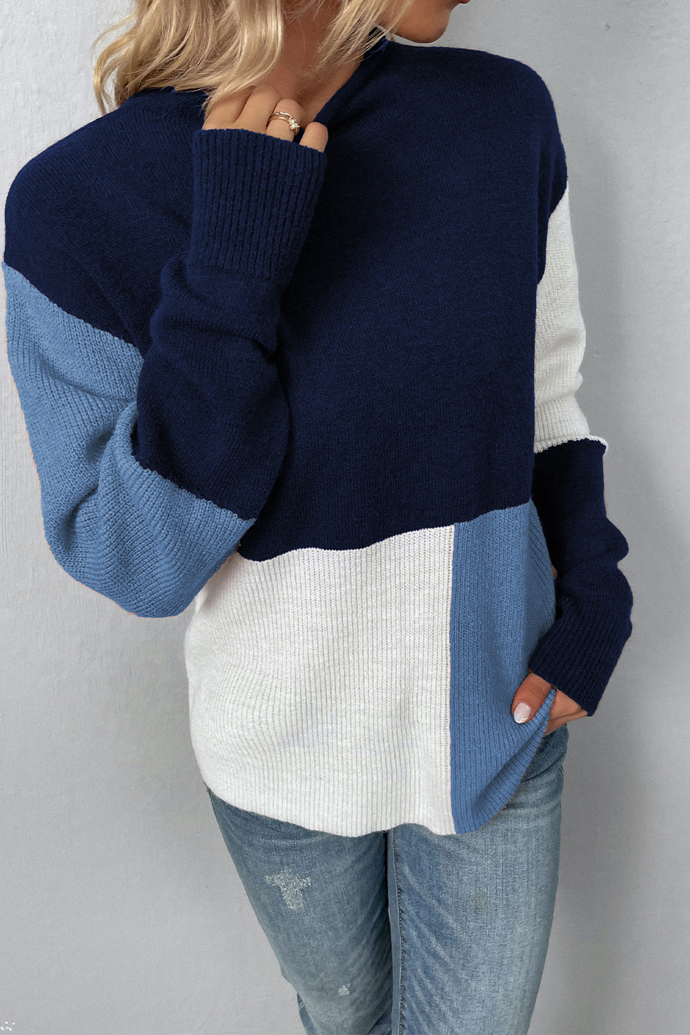 color block round neck dropped shoulder sweater