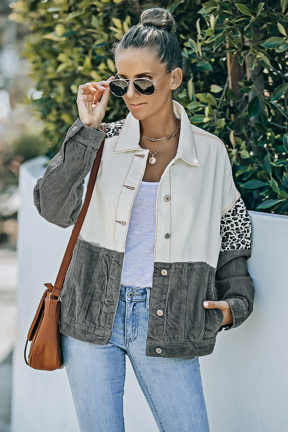 leopard color block button-up corduroy shacket