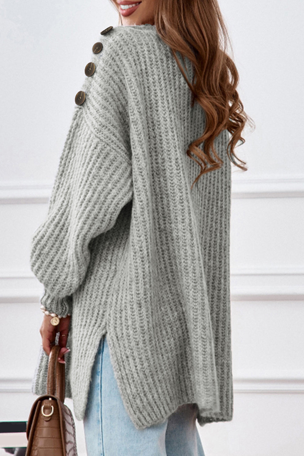 buttoned boat neck slit sweater