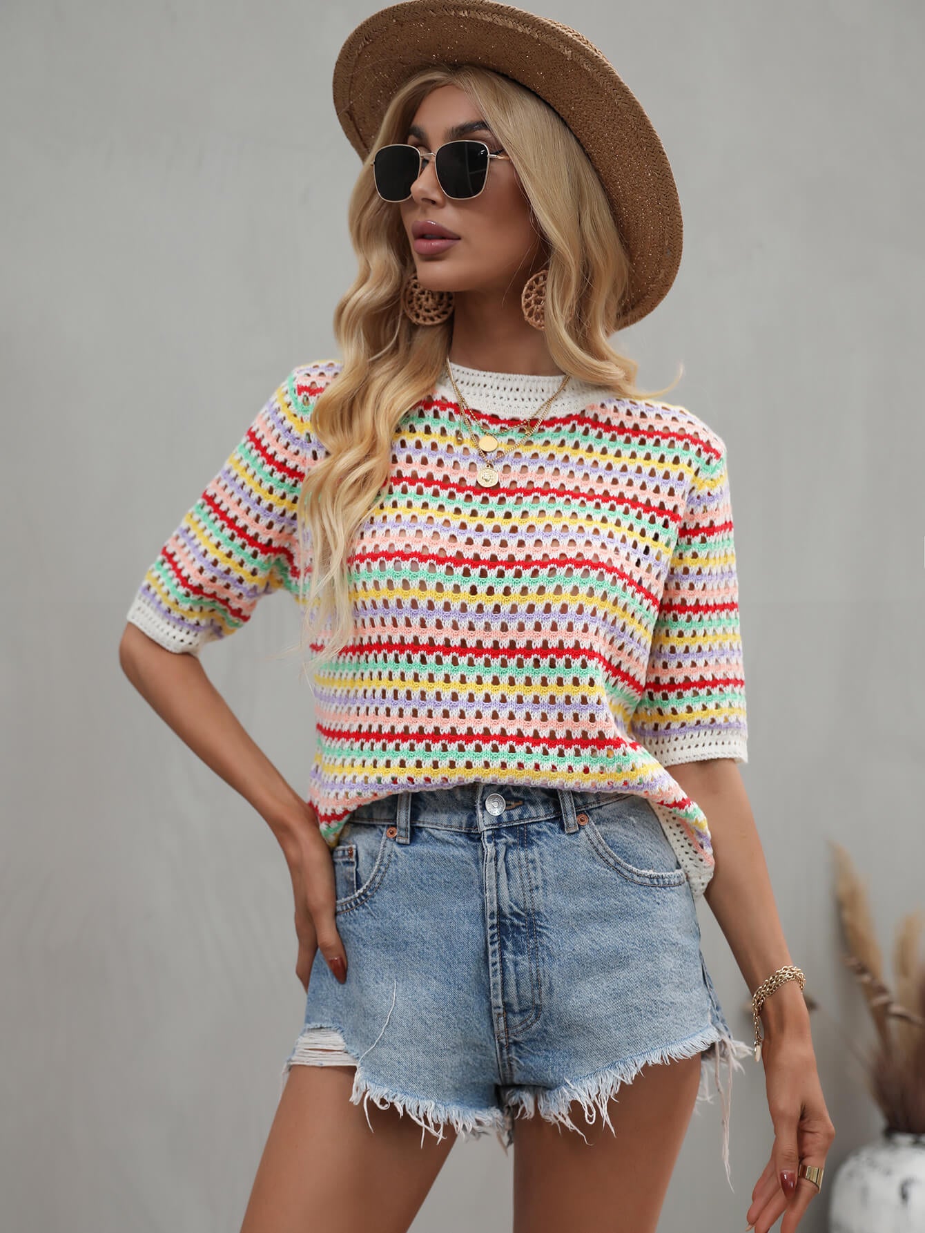 striped openwork half sleeve knit top