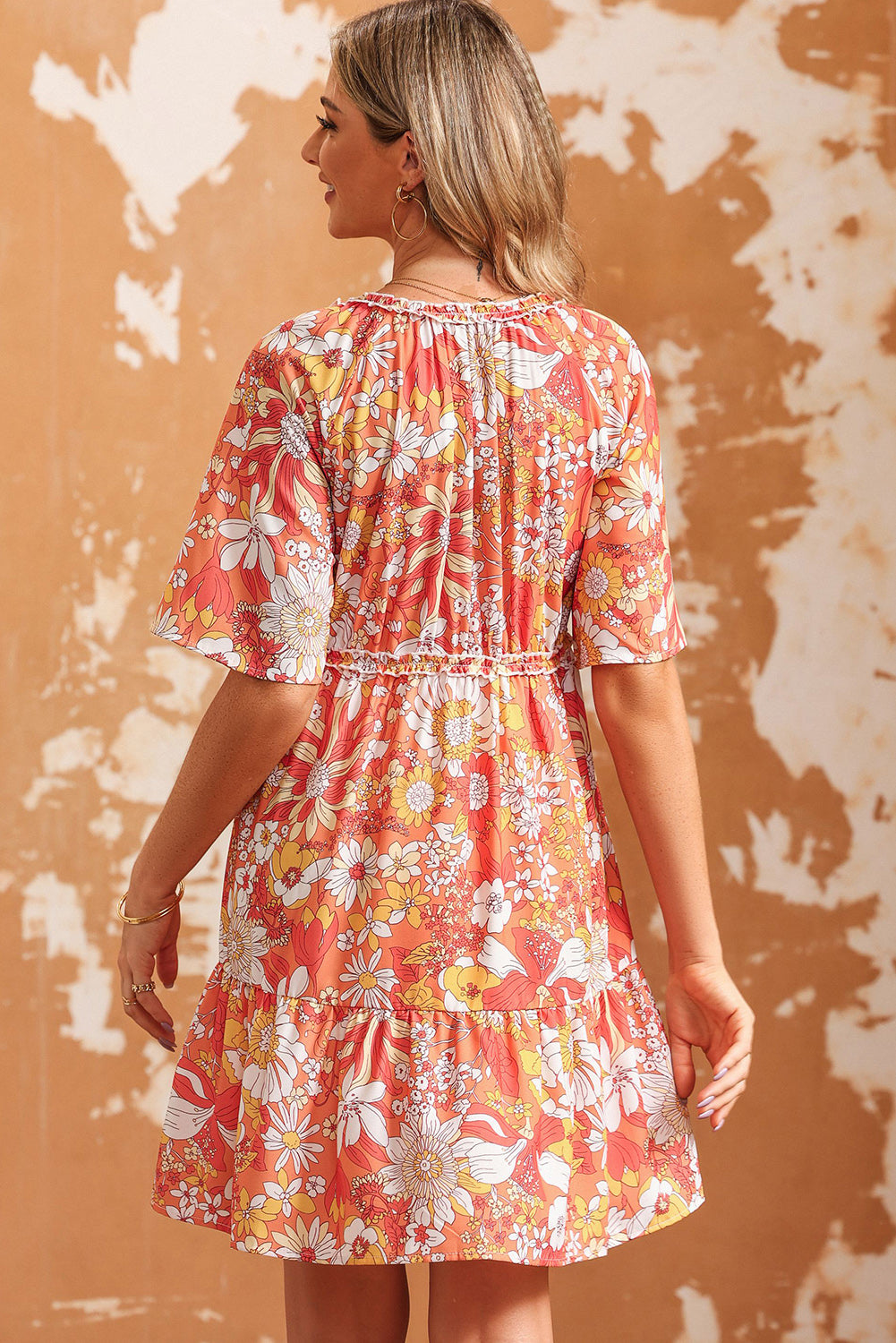 floral print v-neck short sleeve frill trim mini dress