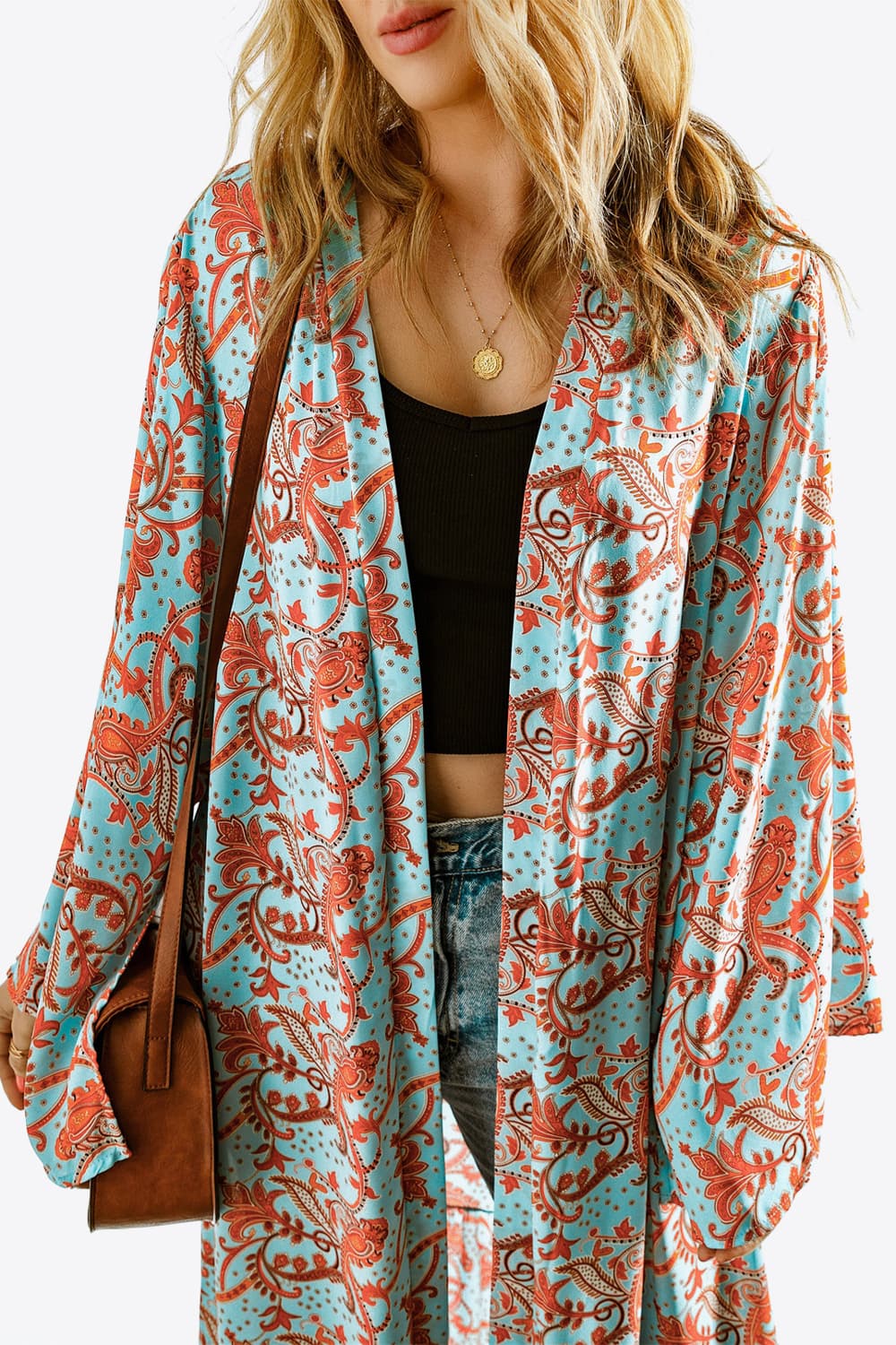 printed open front duster cardigan