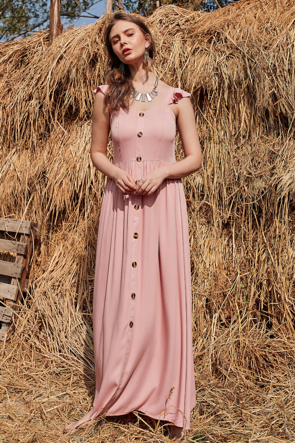 decorative button ruffle trim smocked maxi dress