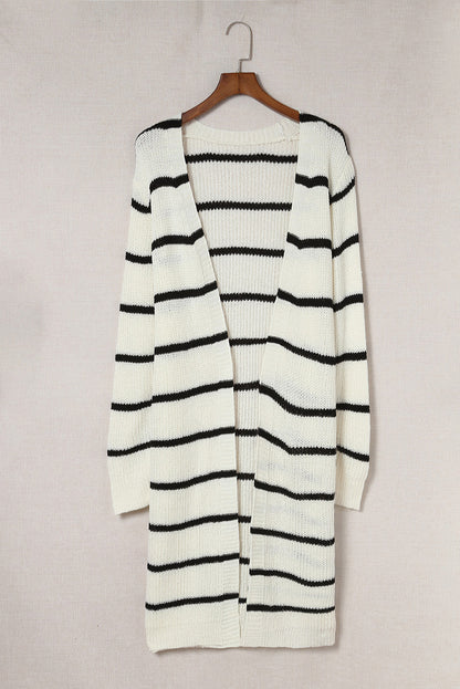 Woven Right Striped Open Front Rib-Knit Duster Cardigan