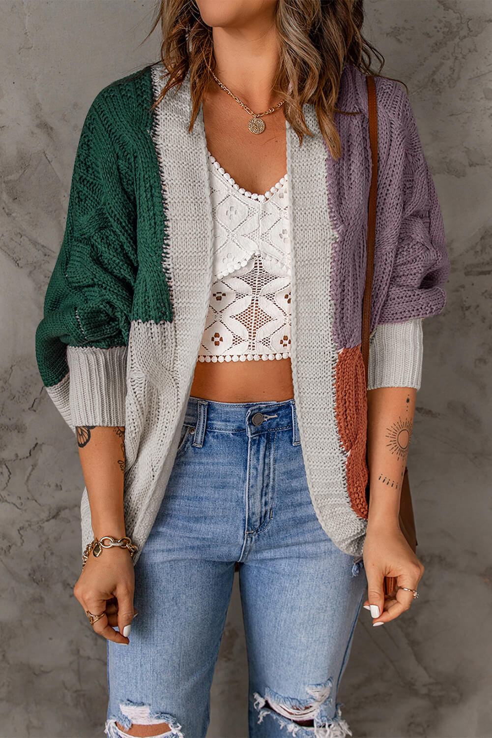 woven right color block cable-knit batwing sleeve cardigan