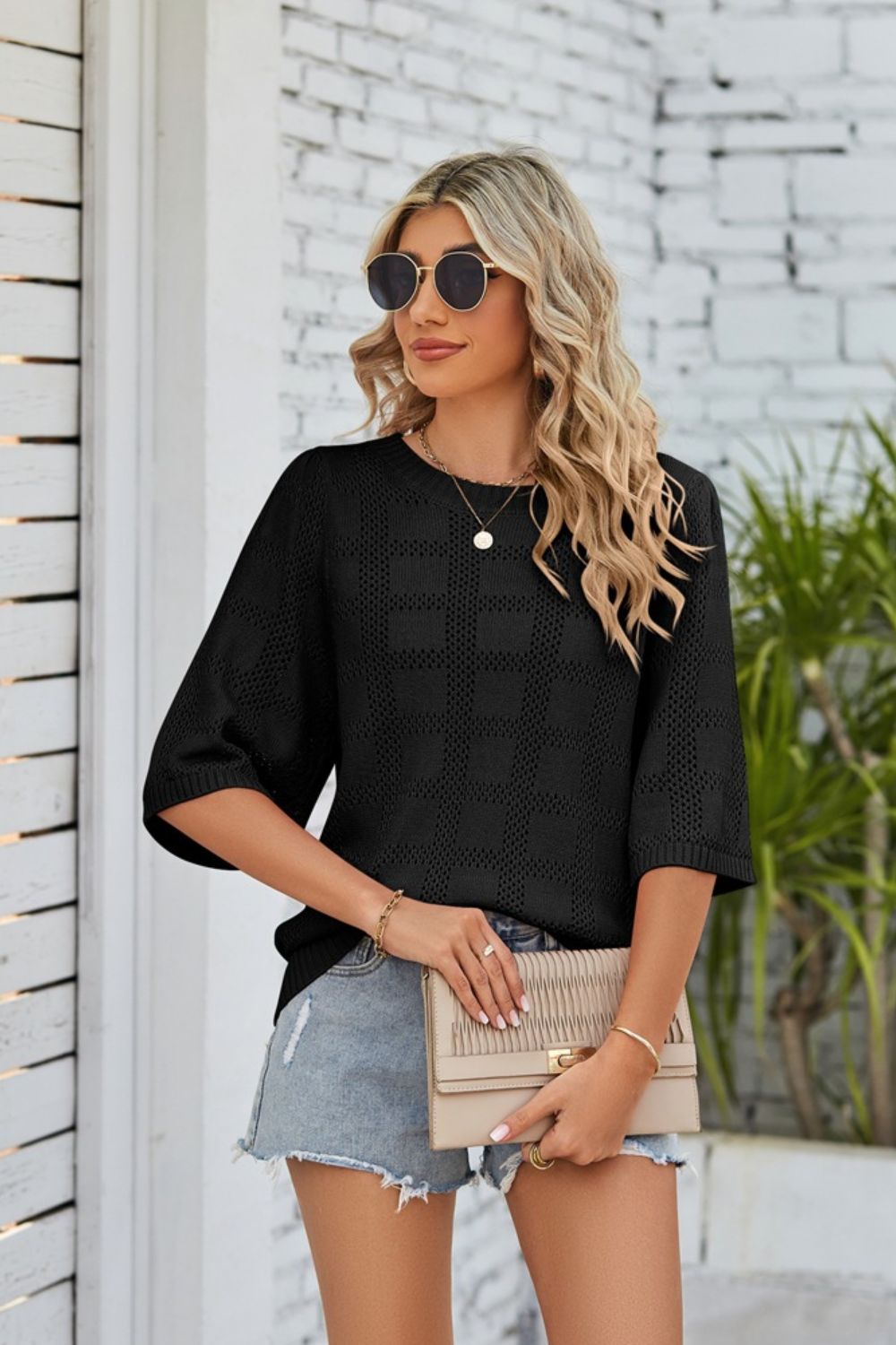 ribbed trim round neck knit top