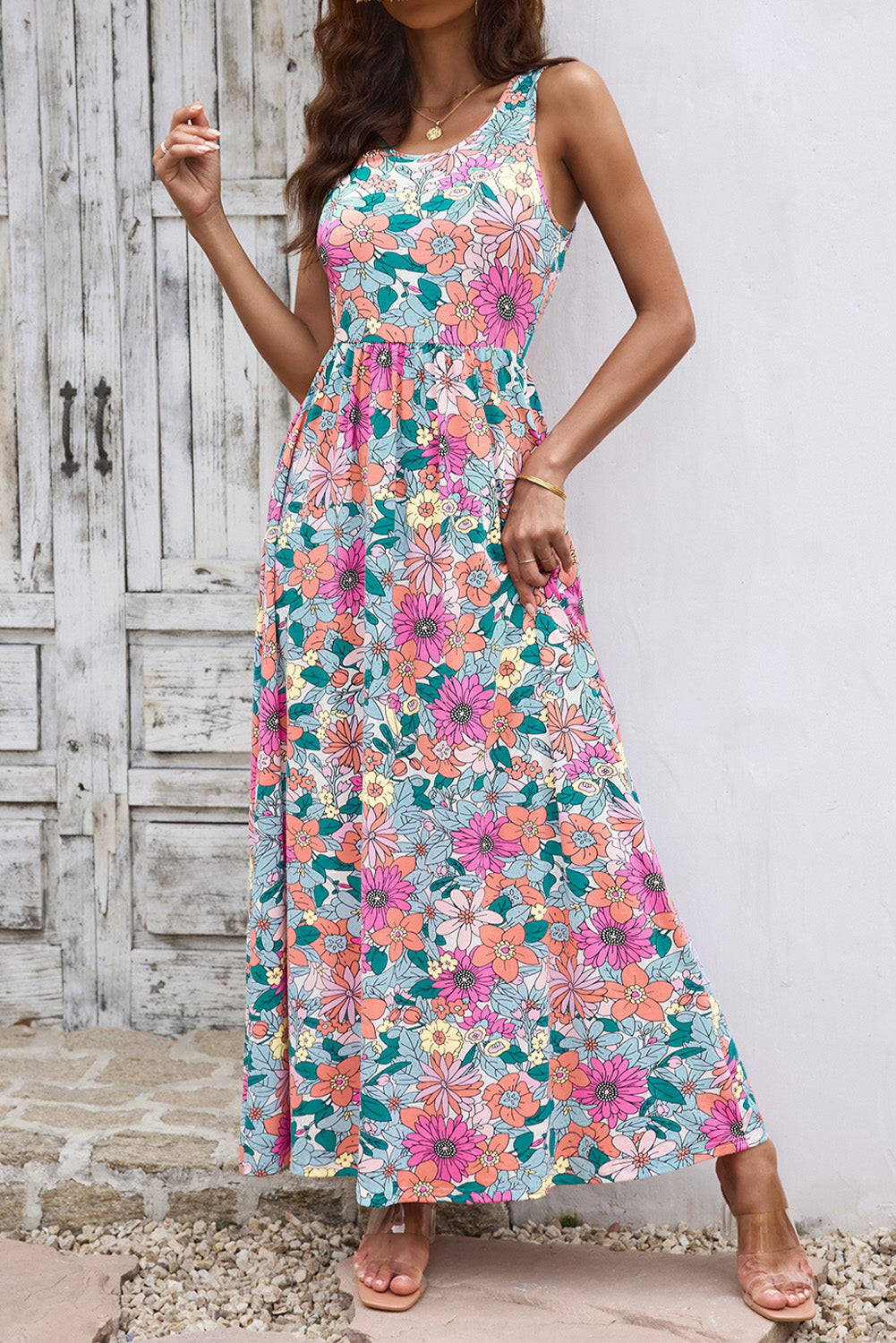 round neck sleeveless maxi dress with pockets