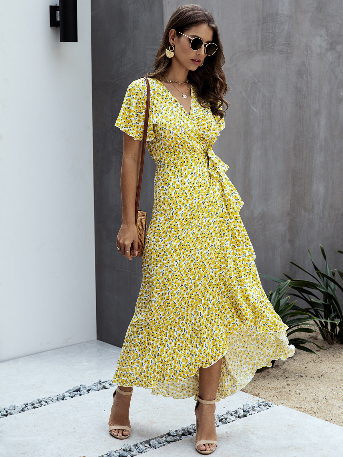 floral tied flutter sleeve surplice dress