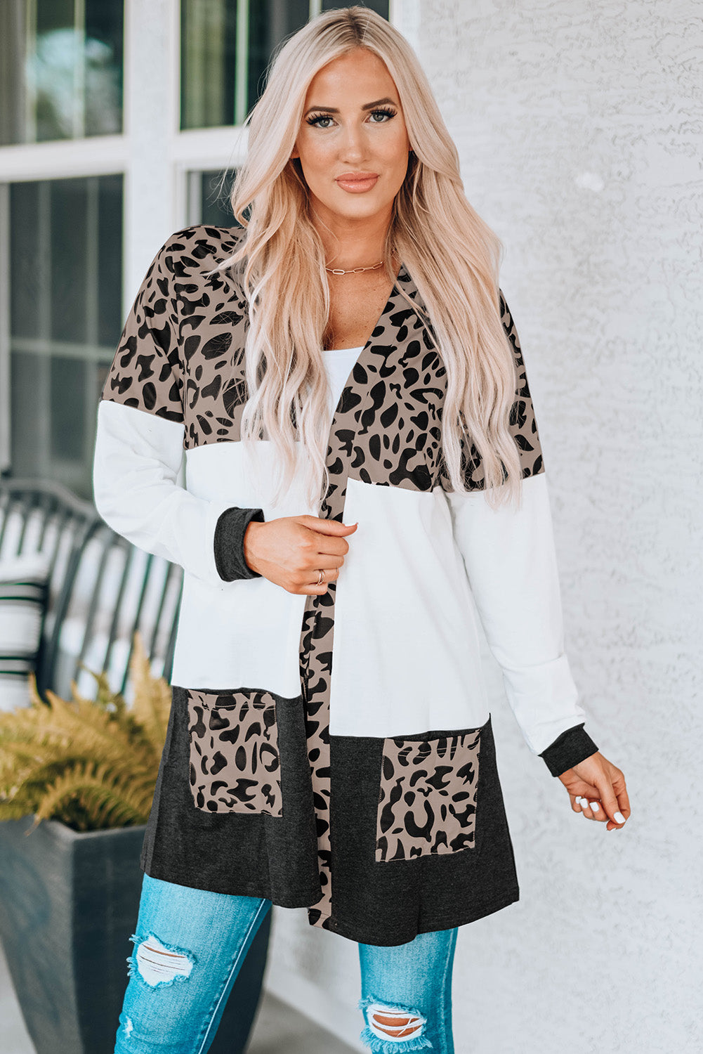 leopard print color block longline cardigan