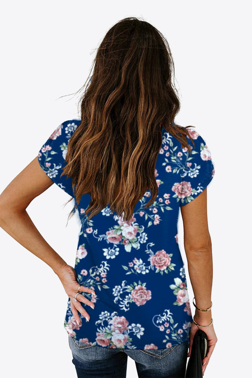 printed petal sleeve v-neck blouse