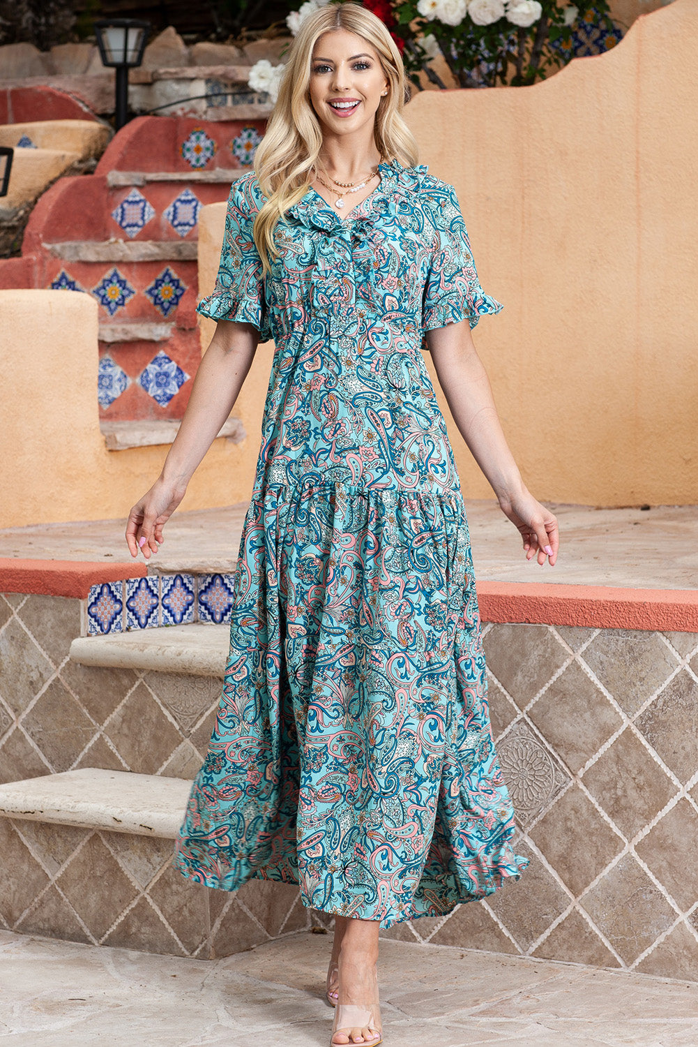 paisley print flounce sleeve maxi dress