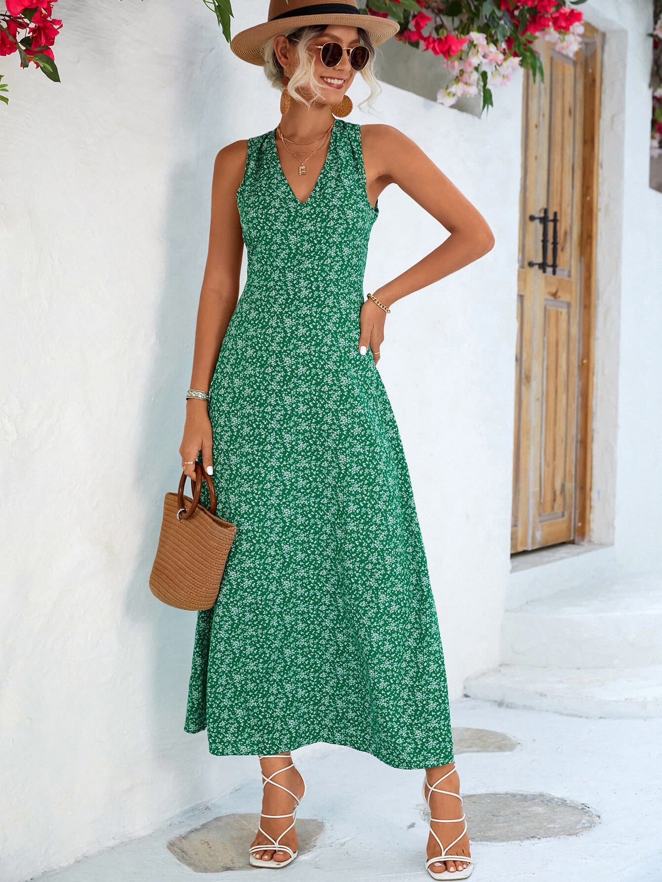 printed open back sleeveless maxi dress