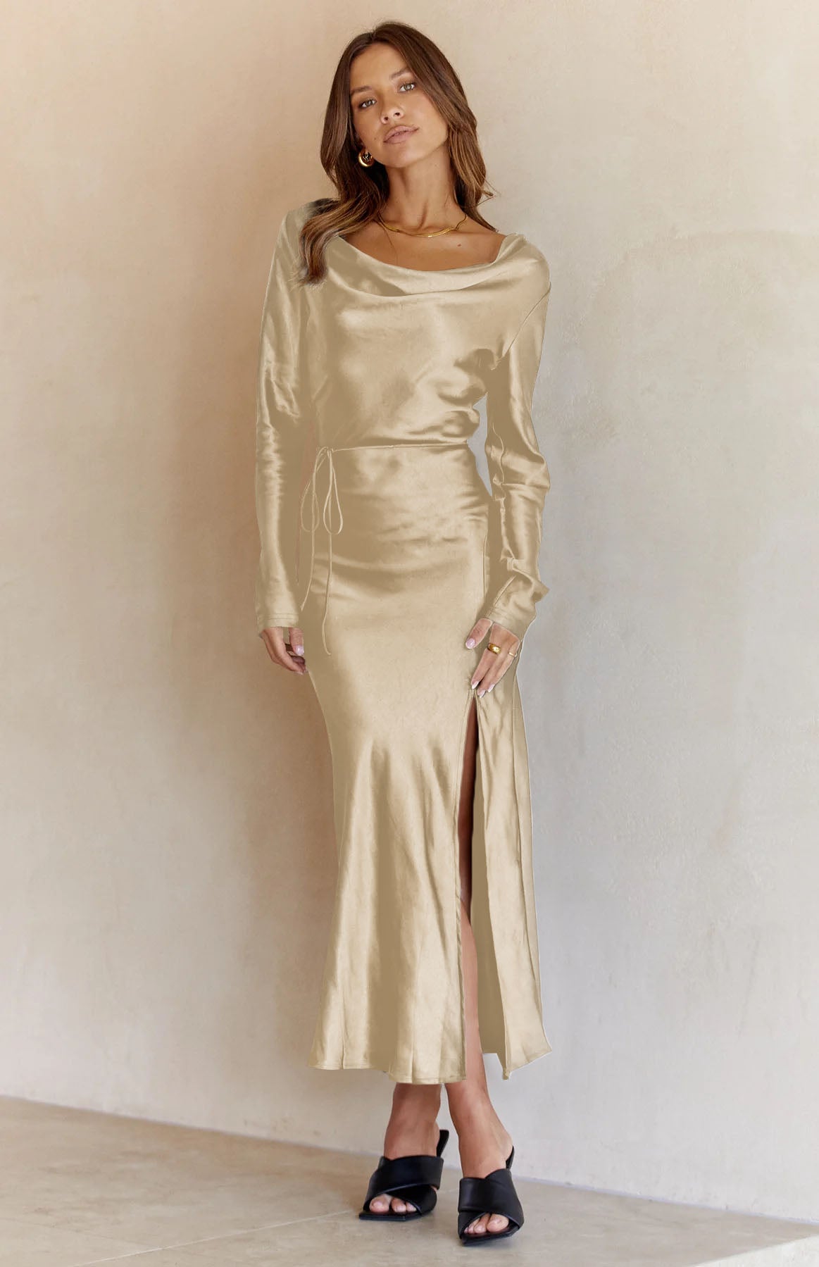 cowl neck long sleeve maxi dress