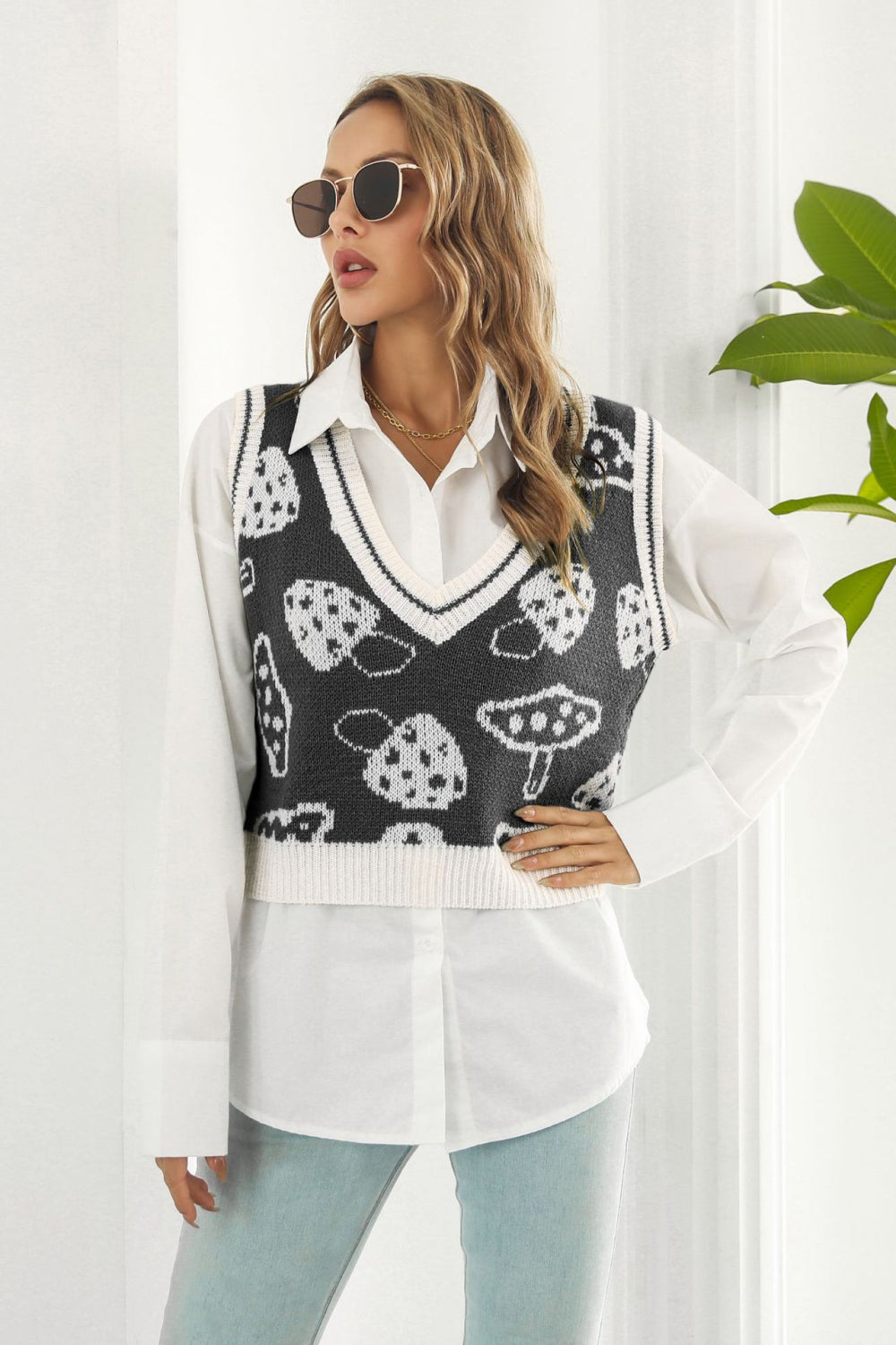 printed plunge neck sweater vest