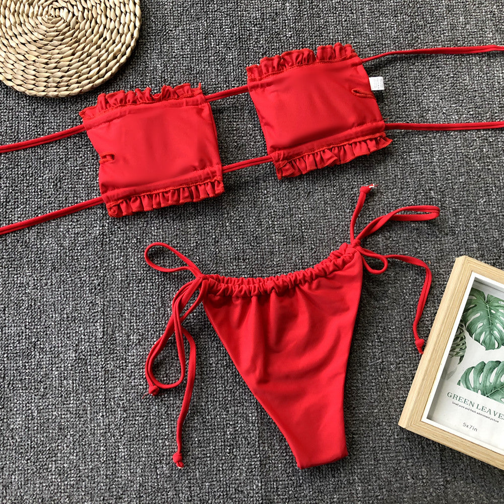 frill trim ruched bikini set