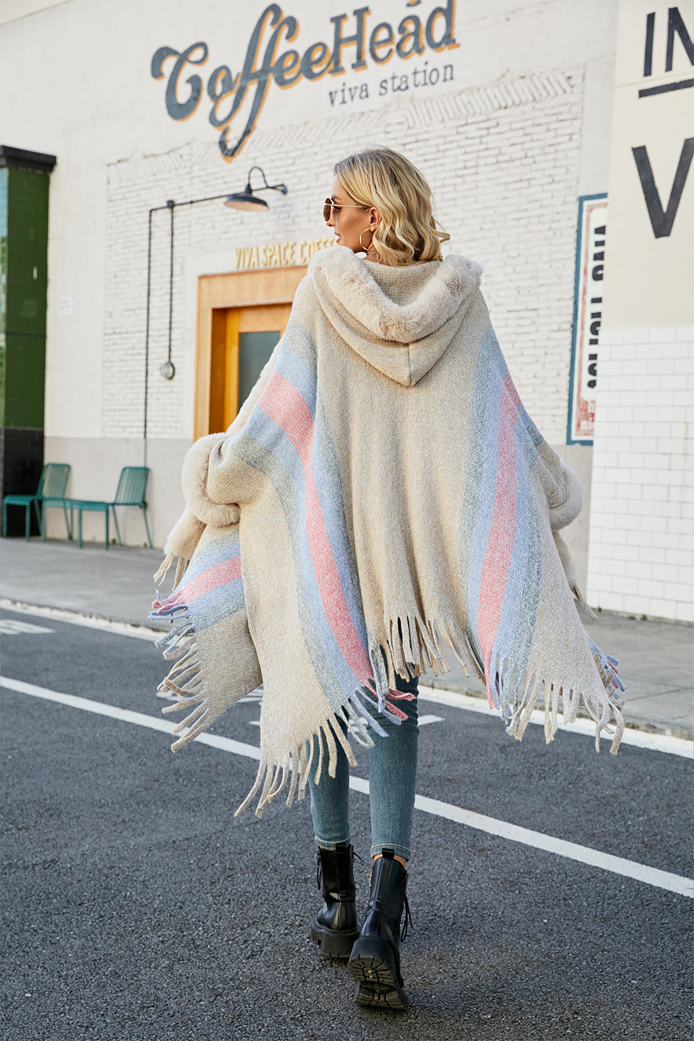 color block fringe detail poncho