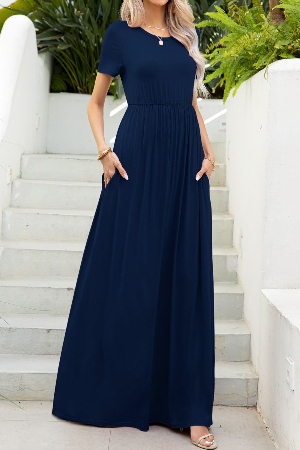 round neck maxi tee dress with pockets