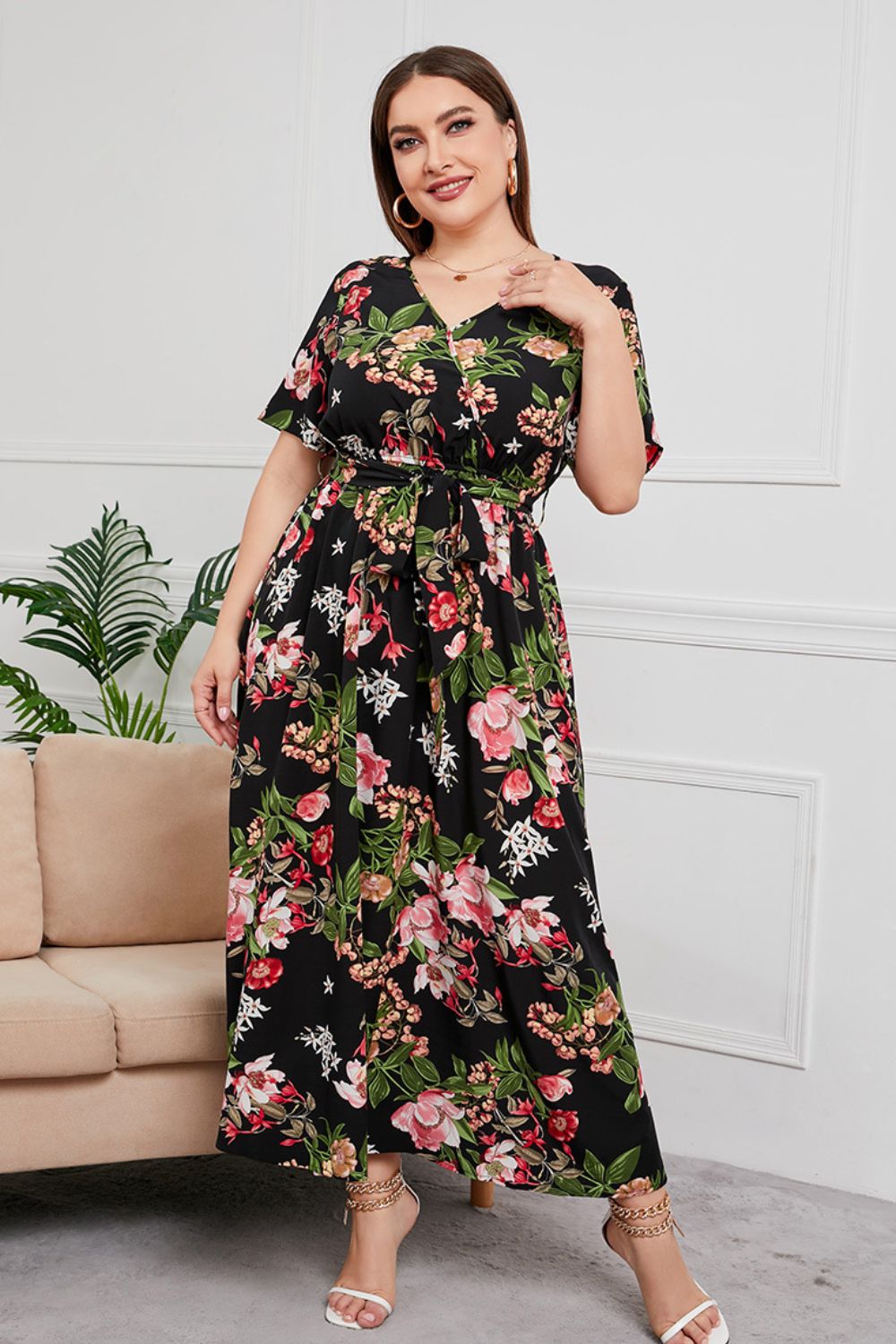 plus size printed surplice short sleeve maxi dress