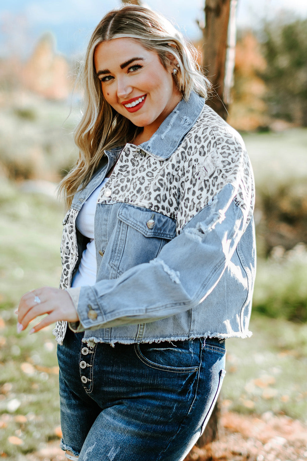 plus size leopard raw hem distressed spliced denim jacket