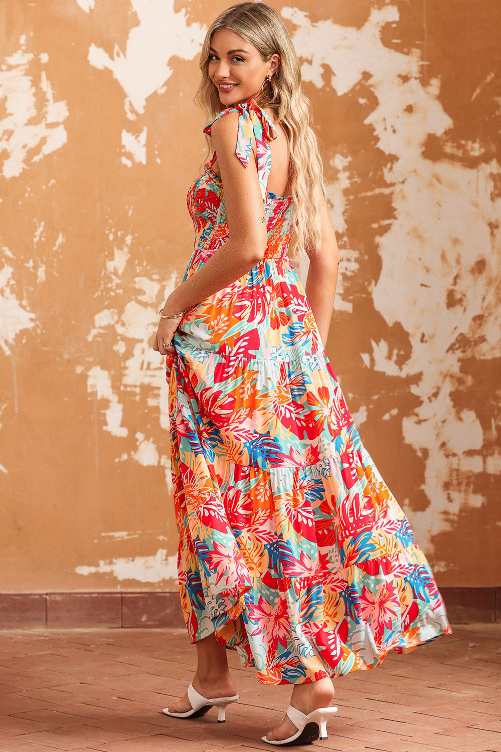 printed tie shoulder smocked tiered maxi dress