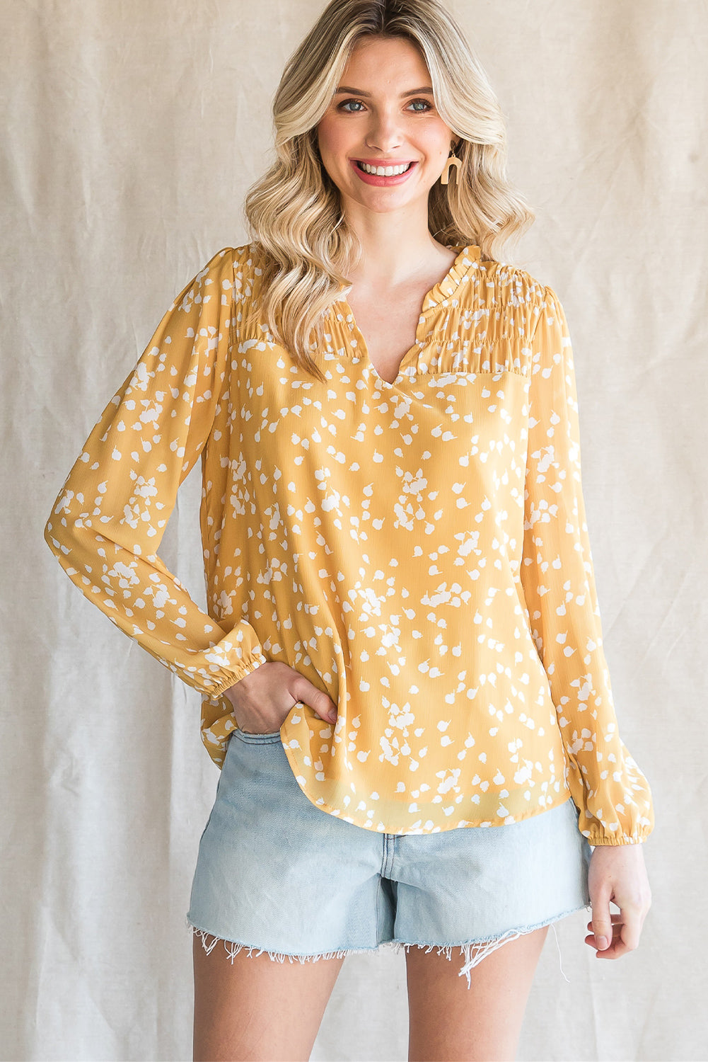 double take printed notched neck smocked blouse