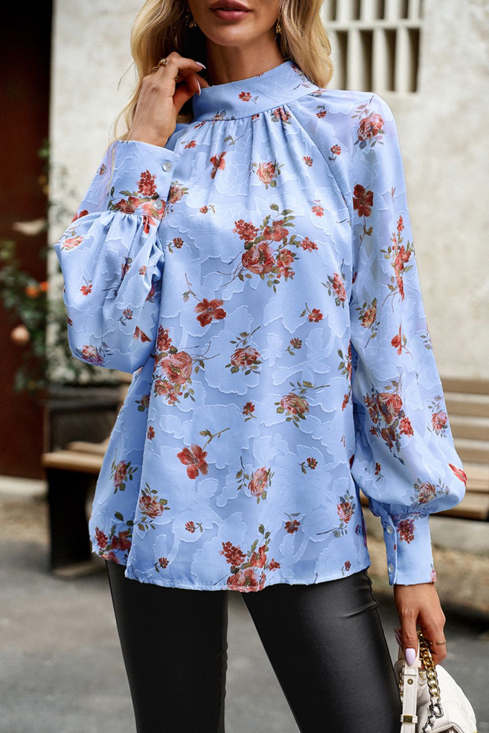 floral print mock neck lantern sleeve blouse