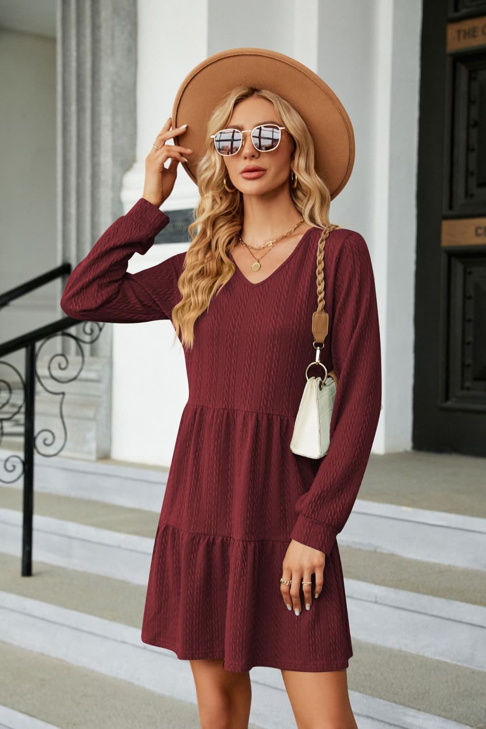 v-neck long sleeve mini dress