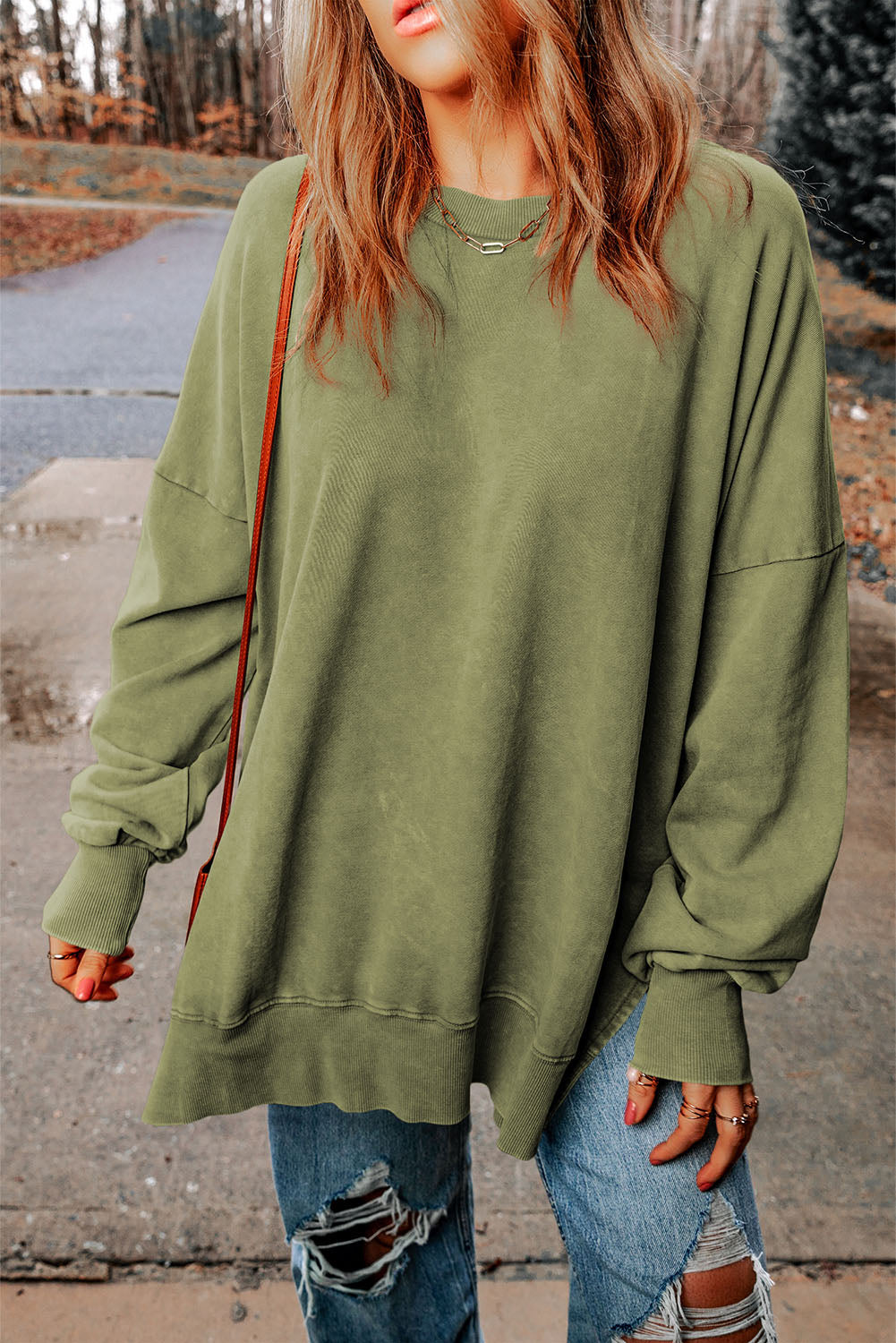 dropped shoulder round neck long sleeve blouse