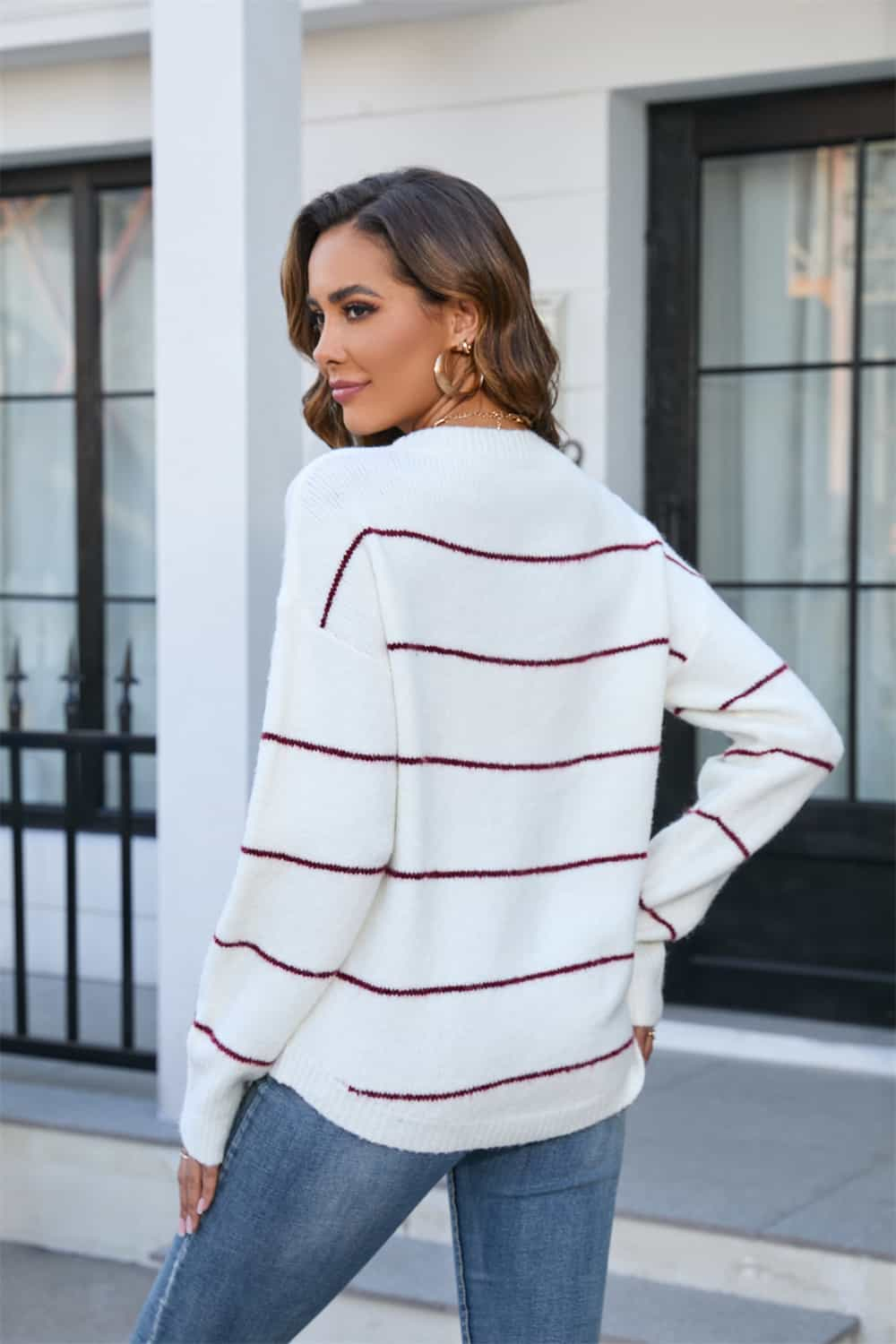 striped round neck long sleeve sweater