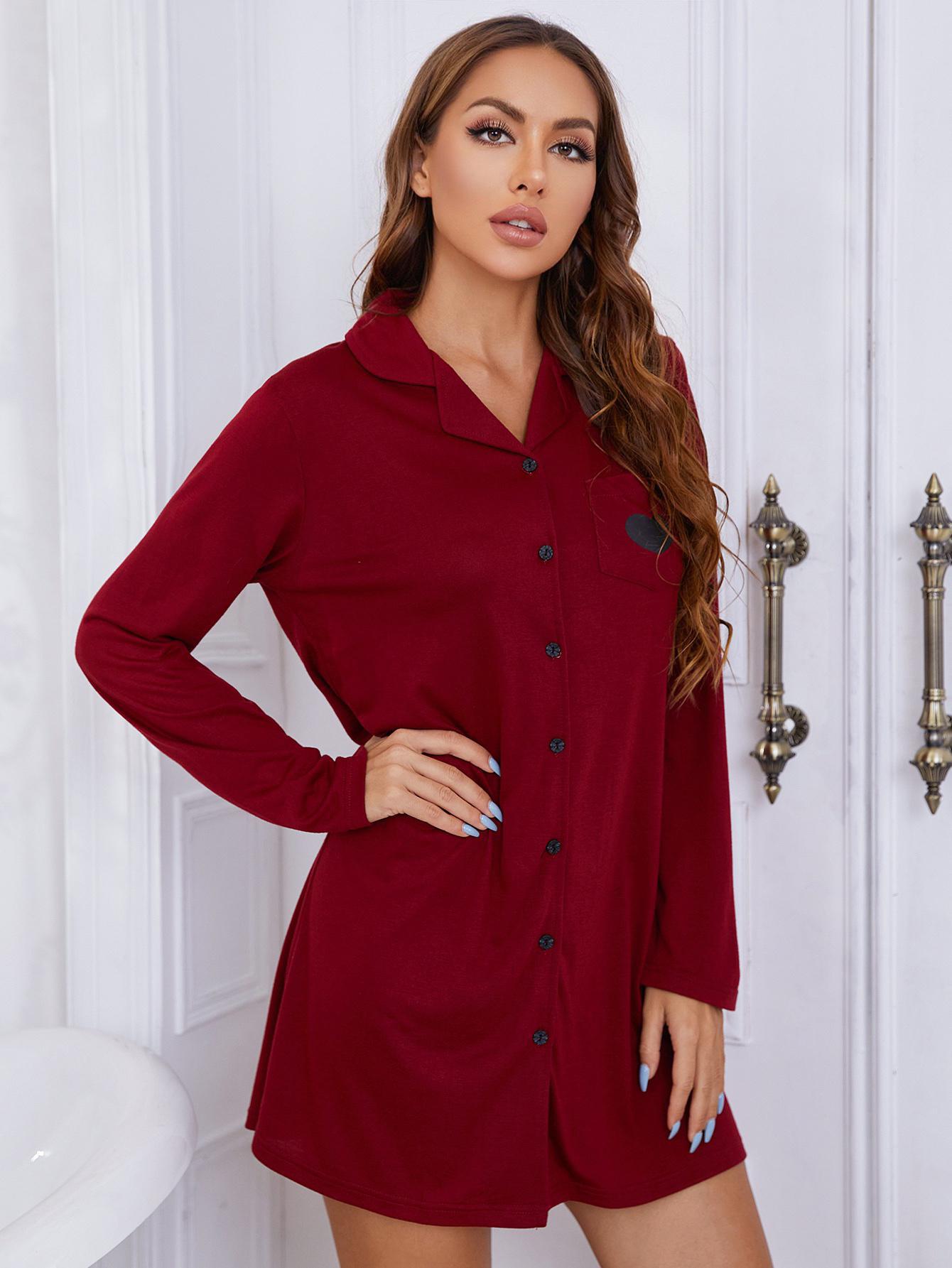 heart graphic lapel collar long sleeve night dress