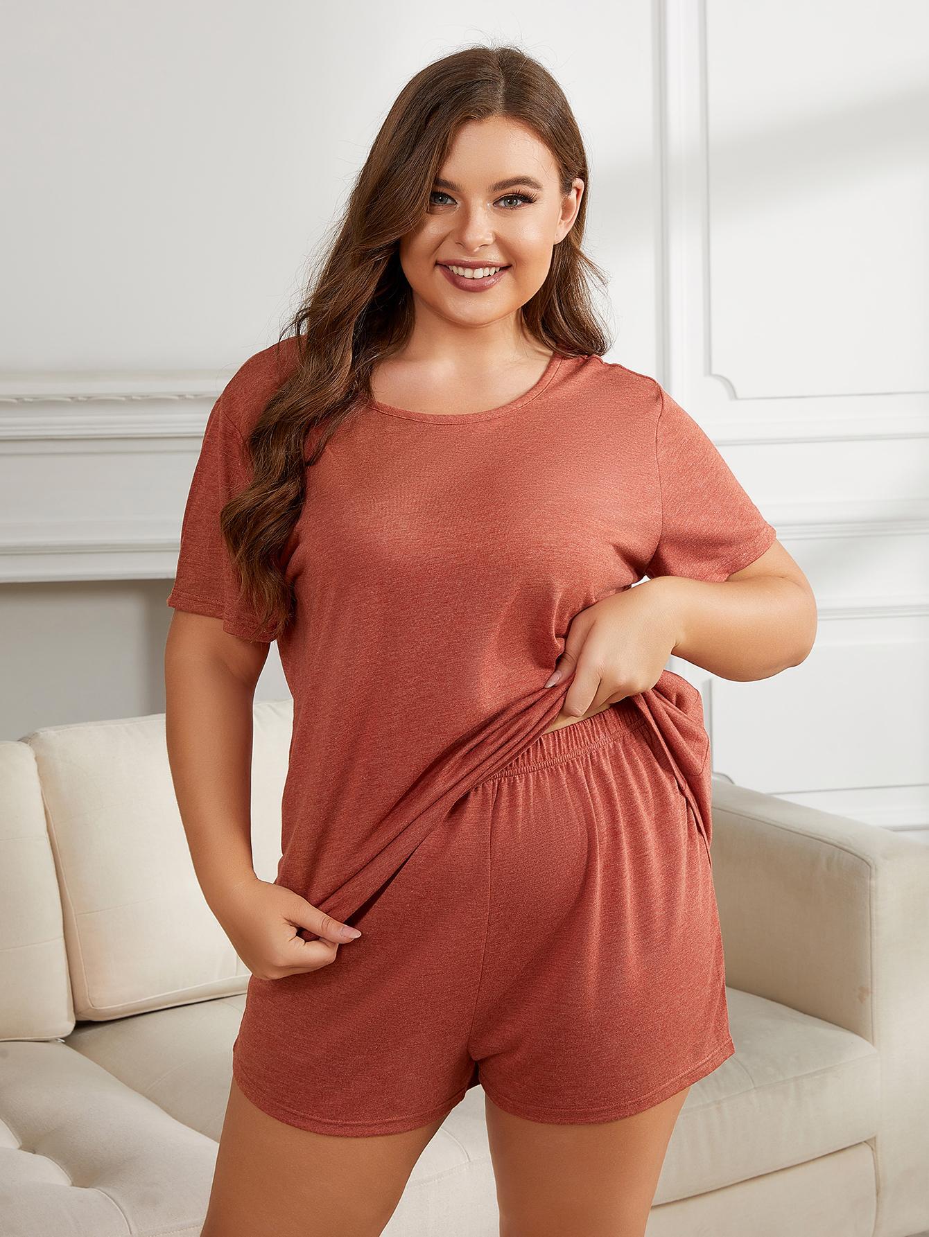 plus size round neck short sleeve two-piece loungewear set