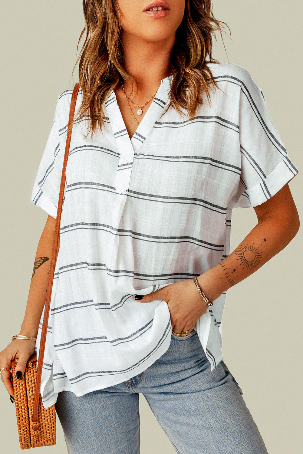 notched side slit cuffed blouse