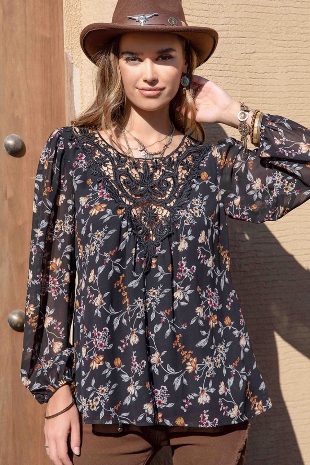 printed round neck long sleeve blouse