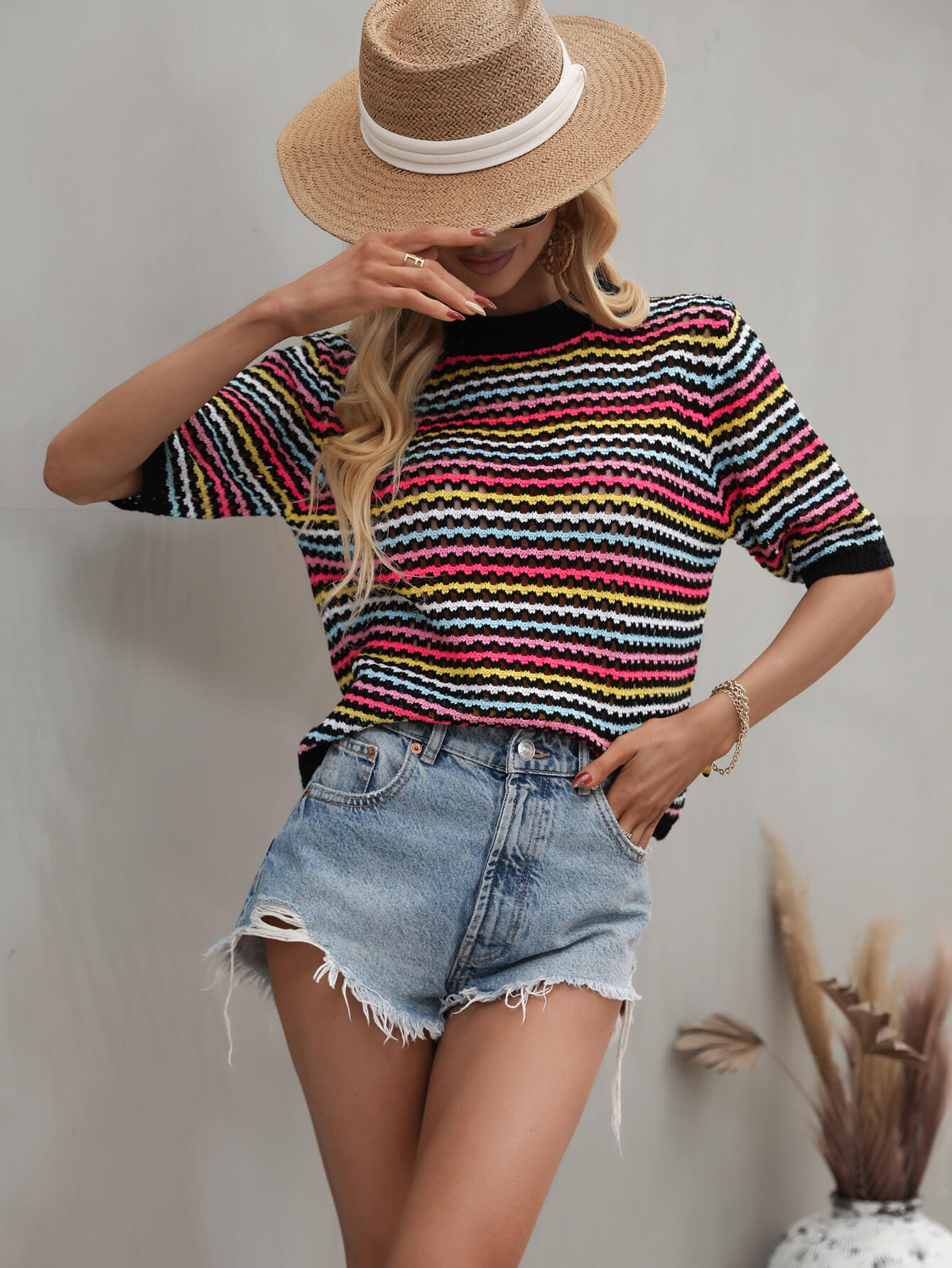 striped openwork half sleeve knit top