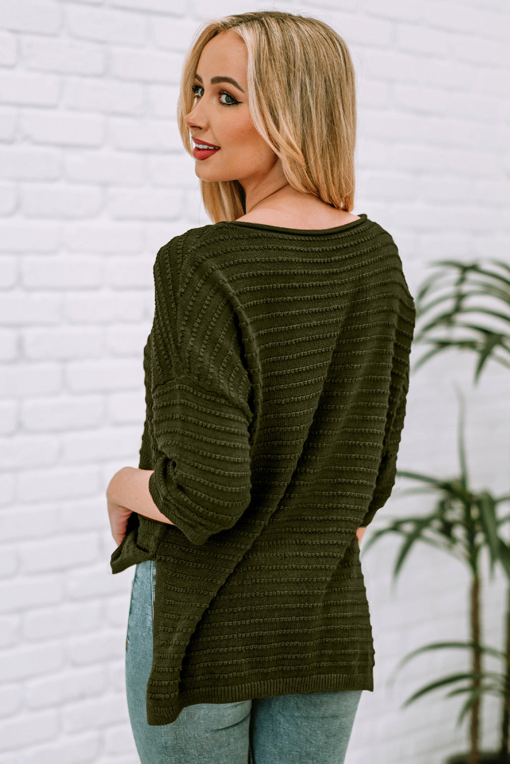 round neck dropped shoulder side slit pullover sweater