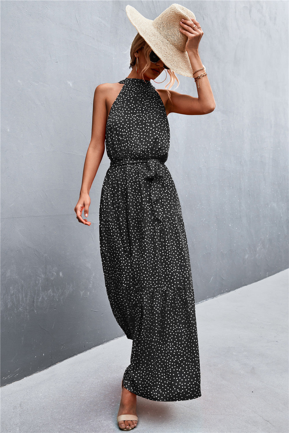 printed sleeveless tie waist maxi dress