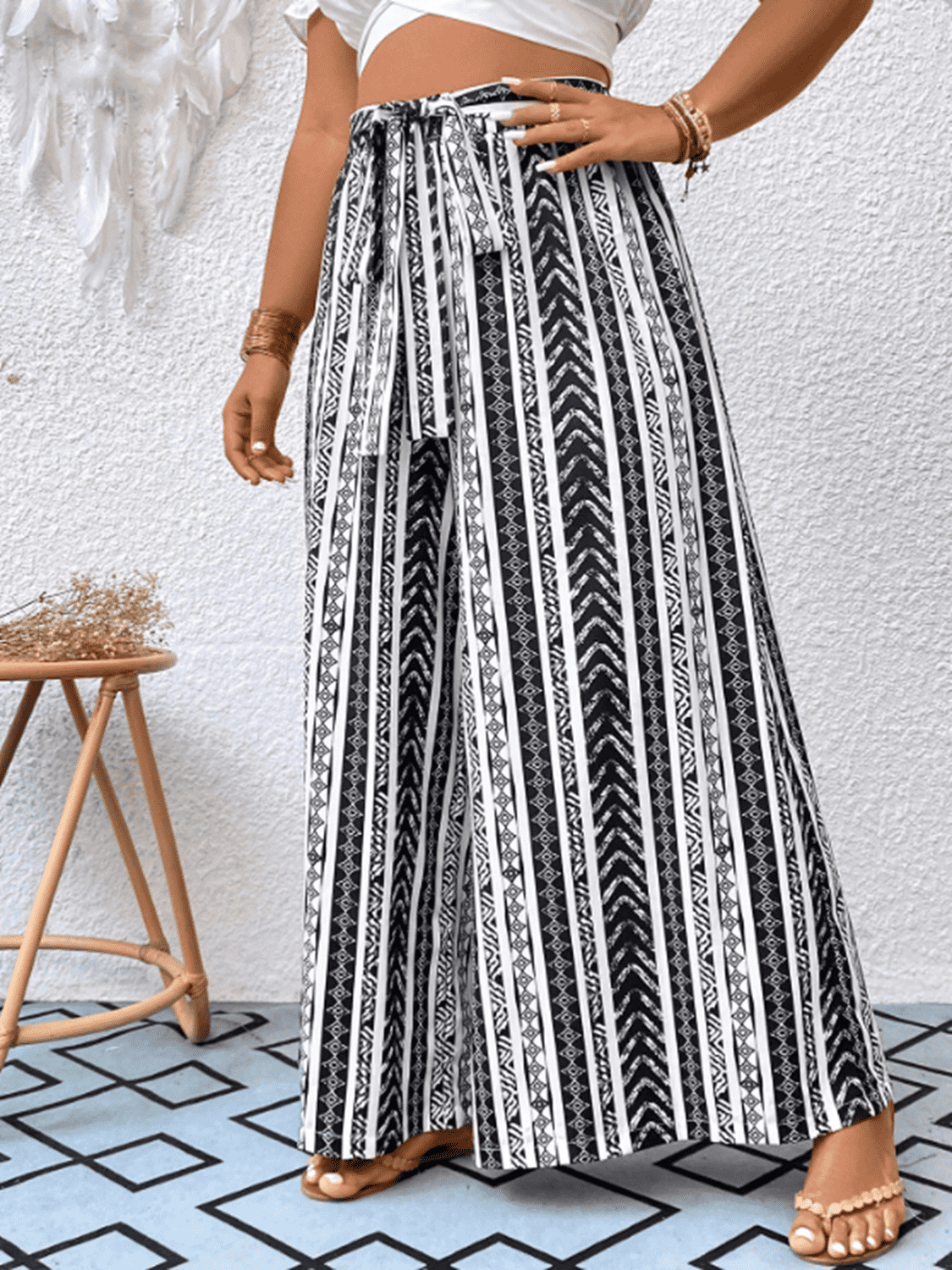 plus size striped tied wide leg pants