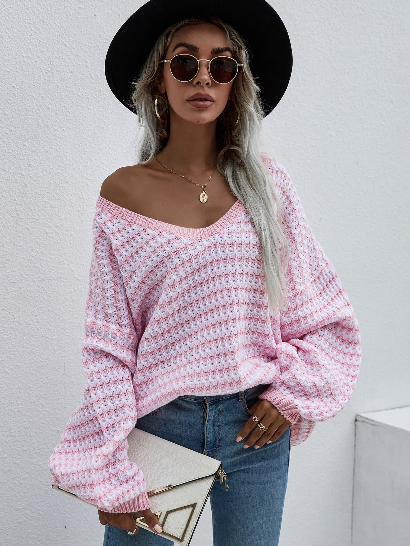 striped drop shoulder v-neck pullover sweater