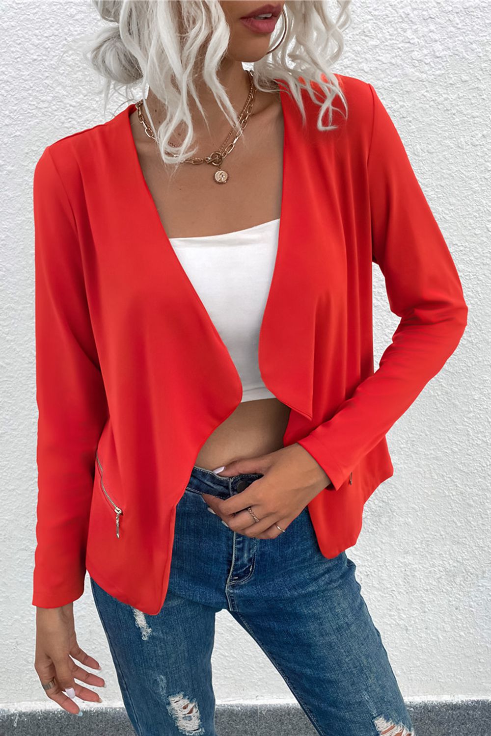 open front zipper pocket cardigan