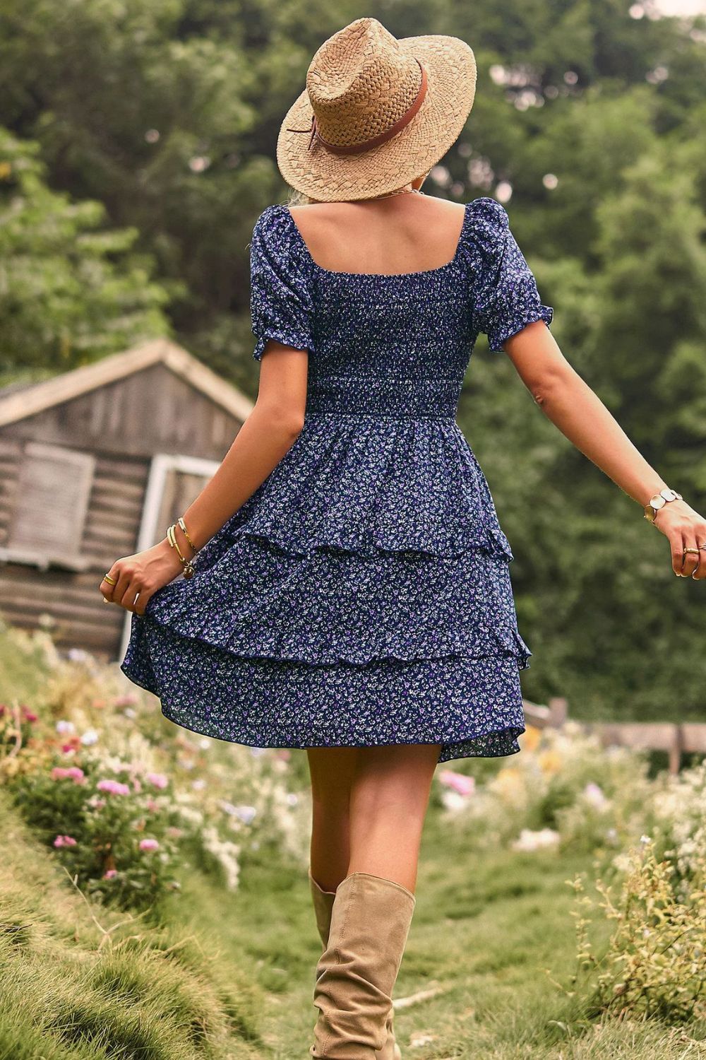 smocked sweetheart neck flounce sleeve mini dress